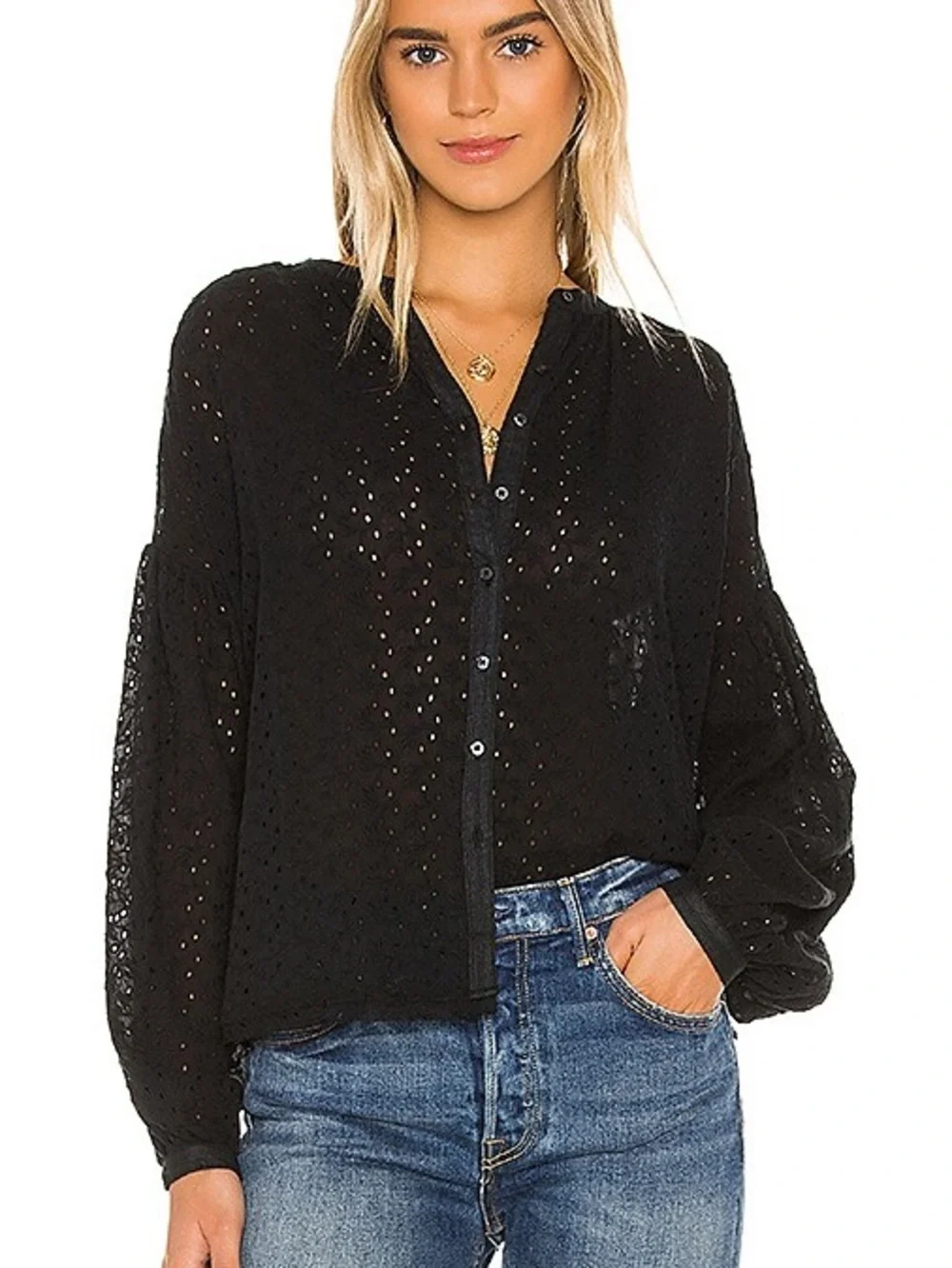 Free People Maddison Oversized Black Eyelet Button-Front Blouse- Boho Chic